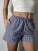 Women's Shorts 2024 Fashion Elastic Waist Casual Plaid/Stripe Print Summer Vacation Short Pants For Beach Nightclub Streetwear