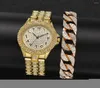 Wristwatches Gold Luxury 2PCSSet Female 2022 Rhinestone Watches Women Crystal Quartz Bracelet Dress Wristwatch Clock Relogios5950265