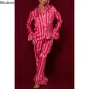 Home Clothing 2024Women's Stripe Ruffled Flared Pyjamas Set Graphic Button Down Long Sleeve Hemd gerade Beinhosen Loungewear