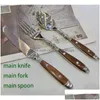 Dinnerware Sets Western Cutlery Set Knife Fork Spoon Brown Wooden Handle Stainless Drop Delivery Dhicv