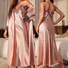 Hemkläder Kvinnor Långa twillrockar Set Night Glow Spring/Summer Kimono Badrumsklänning Sexig spetsdekoration Evening Dress Satin Home Dress Casual Wearl2403