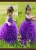 Tutu Purple Flower Girls Dresses For Wedding Sheer Neckline Ruffles Organza First Communion Dress Ball Gowns Cute Baby Birthday Pa5775674