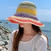 Cappelli larghi secchio Cappello Rainbow Paglie di paglia Womens Summer Sun Shade Umbrella fatta a mano Big Beach Beach Bohemian Girls Fashion Q240403