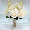 Flores decorativas prontas para festas, rosa artificial realista, buquê de casamento reutilista com folhas verdes de fita Bowknot elegante