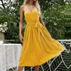 Vestidos casuais polka pontas de verão vestido de verão mulheres cinto orvalho ombro de pescoço spaghetti tira elegante midi para