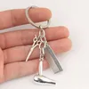 Keychains Lanyards New Hairstylist Keychain Hair Salon Key Ring Dryer Scissors Comb Chain Hairdresser Gifts For Women And Men DIY Jewelry Q240403