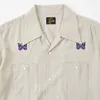 Camisetas de camisetas masculinas camisa jeans com border de borboleta de linha única bordado bordado bordado bordado curto agulhas de mangas camiseta j240402
