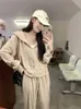 Women's Two Piece Pants Leisure ultra-fine womens sportswear spring and autumn solid color hooded zippered top and elastic waist wide leg pants 2-piece set S-3xlC240407