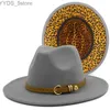 Brede rand hoeden emmer fedora hoed dames trilby leer met jazz binnen luipaard print derby viltblazer chapeau yq240407