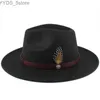 Bodeur de chapeaux larges larges 2 taille pour hommes laine panama chapeau large Fedora Feather Band Trilby Sunhat Classic Party Street Style YQ240407