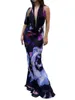 Lässige Kleider Frauen sexy Rückenless Bodycon Maxi Kleid breite Träger V-Ausschnitt Krawatte Dye Blumendruck Langer Schlank