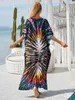 Boho tryckt kalkonstrandklänning strandkläder täcker kvinnor sommar sexig v hals överdimensionera kaftan baddräkt bikini cover-ups q1476