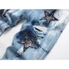 Men's Jeans Light blue tie dyed with letter star embroidery distressed jeans cotton stretch version fashionable brand mens tight fitting denim pantsL2403