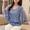 Butfly Flower Half Mancheve Shirt Elegant Fashion Femmes Blouse Summer Cotton Edge Lace O Coule Loose 4073 240326