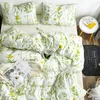 寝具セットノルディックセットフラワープリントキルトカバー枕カバーツインキングサイズファッションラグジュアリーグリーン羽毛布団カップルベッドベッドルーム