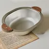 Bowls Stainless Steel Double Ear Bowl Solid Wood Handle Rice Salad Anti Drop Creative Korean Style