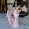 Dresses South African Pink High Neck Prom Dresses Plus Size Deep V Neckline Sheer Long Trumpet Sleeves Evening Gowns Lace Appliques Long P