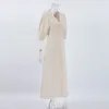 Casual Dresses French Retro Cotton Linen Sexy V-Neck Backless Summer Beige Puff Sleeve Dress Long Robe Beach Femmes Women 2024