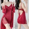 Home Clothing Long Sleeved Bathrobe Sexy Hollow Lace Splicing Twinset Robe Set Intimate Lingerie Chemise Nightdress Women's Clothes