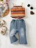 Set di abbigliamento da 6-36 m bambine design di moda design ricamato a camisole bohémien semplice deroga strappata in denim strappato