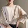 Kvinnors tankar Satin Silk Top 7 Point Sleeve Round Neck Loose Silkeslet Slooth Solid Color Vest T-Shirt 2024 Model