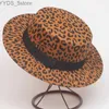 Breda randen hattar hink Nya kvinnor leopard mönster ull filt rodd hatt platt topp fedora retro formell parti trilby yq240407