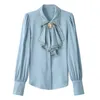 Retro Blue Chiffon Blue Autumn Spring Bowknot Workwear ol Topps Elegant Women Long Sleeve Lace Shirt 240326