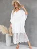 Womens Bathing Suit Cover Up Waist Tied Long V-Neck Lace Skirt Beach Dress Semitransparent Half Sleeve White Bikini