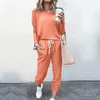 Frauen zweisteuelhafte Hosen Feste Farbe runder Nacken lässig locker Langarm und hohe Taillenhosen Outfits Simplicity Ladies Sets