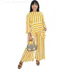 Kvinnors tvådelade byxor Kvinnor Fashion Two-Piece Striped Set African Long Sleeved Top Wide Leg Pants Striped Set British Style Womens Matching SetC240407