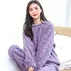 Home Clothing Thick Winter Jacquard Pajama Sets For Women Solid Round Collar Pullover And Pants Coral Fleece Thermal Sleepwear Casual