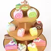 Party Supplies Brown Paper Round Edge Three Layer Cake Stand Birthday Dessert