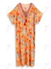 Turuncu püskül v yaka kurdele işlemeli yakalı tatil bohem kadın uzun elbise robe kaftan moo q1627