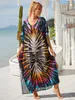 Boho tryckt kalkonstrandklänning strandkläder täcker kvinnor sommar sexig v hals överdimensionera kaftan baddräkt bikini cover-ups q1476