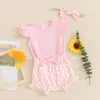 Kledingsets geboren babymeisjes zomer jumpsuits kleding mooie mouw romper boog front shorts hoofdband set peuter 3 stcs