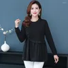 Blouses pour femmes Solide Couleur Round Patchwork 2024 Spring and Automne MIDI Long Sleeve Button Ruffles T-shirt T-shirt T-shirt