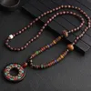 Unisex Handmade Necklace Nepal Buddhist Mala Wood Beads Pendant Ethnic Fish Horn Long Statement Men Womens Jewelry 240403