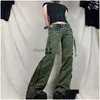 Frauen Jeans Damen Y2K Grunge Grüne Reißverschluss Verband Low Taille Cargo Hosen Gothic Punk Baggy Retro Kawaii Hosen Frauen koreanische Schweiß Dhqyk