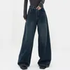 Kvinnors byxor kvinnor bredbens jeans hög midja byxor vintage bred ben denim för rakt med fickor koreanska