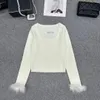 New women o-neck hollow out rhinestone logo patched long sleeve fur cuff knitted desinger sweater tops thin jumpers SML