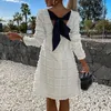 Casual Dresses Women Fashion O-neck Loose A-Line Dress Elegant Backless Bow Tie-up Solid Party Sexy Plaid Splicing Long Sleeve Midi