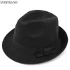 قبعات واسعة الحافة دلو القبعات Luckylianji Vintage Boys Girls Kids Child Rolld Brim Trilby Fedora Hat Pinech Crown Jazz Cap (54cm اضبط ROP Inside) 240407