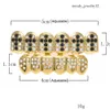 파티 코스프레 힙합 액세서리 CZ Crystal Bio 구리 금 치아 그릴 캡 그릴 캡은 적색 블랙 크로스 charm 그릴 세트 치아 잉어를 가진 상단 바닥
