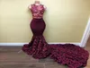 2017 Burgundy Red Mermaid Evening Dresses Sheer Neck Appliques Flowers Satin Black Girls Long Prom Dresses 2K17 Formal Party Dress1812356