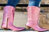 Cowboy Pink Cowgirl Boots For Women Zip Embroidered Pointed Toe Chunky Heel Mid Calf Western Boots Shinny Shoes 2208084052130