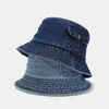 Brede rand hoeden emmer nieuwe mode opvouwbare visser hoed dames zomers katoen wassen denim bob hiphop gorros q240403