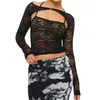 Women's T Shirts Puloru Black Lace Sheer Two-Piece T-Shirt Set Spring Summer Spaghetti Strap Cross Backless Tanks With Long Sleeve Shrugs