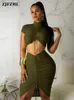 Neon Green Yellow Sexy Two Piece Set Women Turtleneck Short Sleeve Crop Top Pleated Bodycon Dress Tracksuit 2 Club Outfit 240407