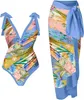 Frauen ein Stück Badeanzug mit Strandabdeckung Wrap Rock Sarong Retro Blumendruck Bikini Set zweiteiliger Badeanzug