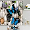 Shower Curtains 2Pcs Desert Stone Curtain 3D Green Bamboo Orchid Pebble Butterfly Non-Slip Bath Mat Bathroom Decoration Set